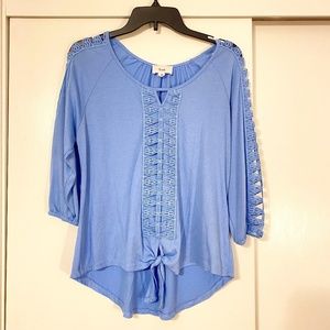 fyve blue blouse with open criss-cross sleeves 3/4